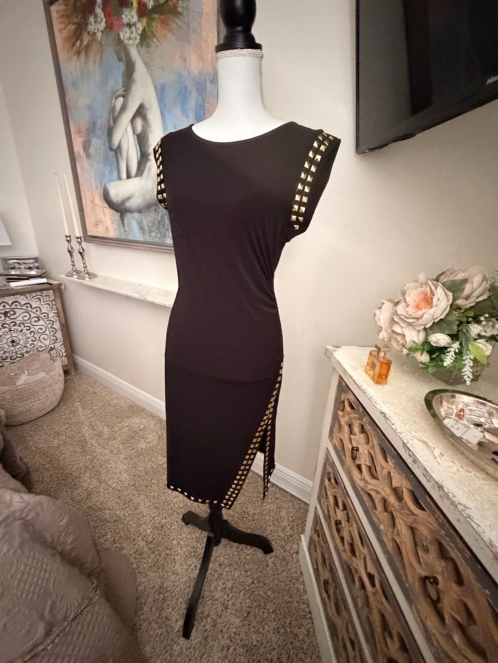 MICHAEL Michael Kors Black Midi Dress with Gold Stud Trim